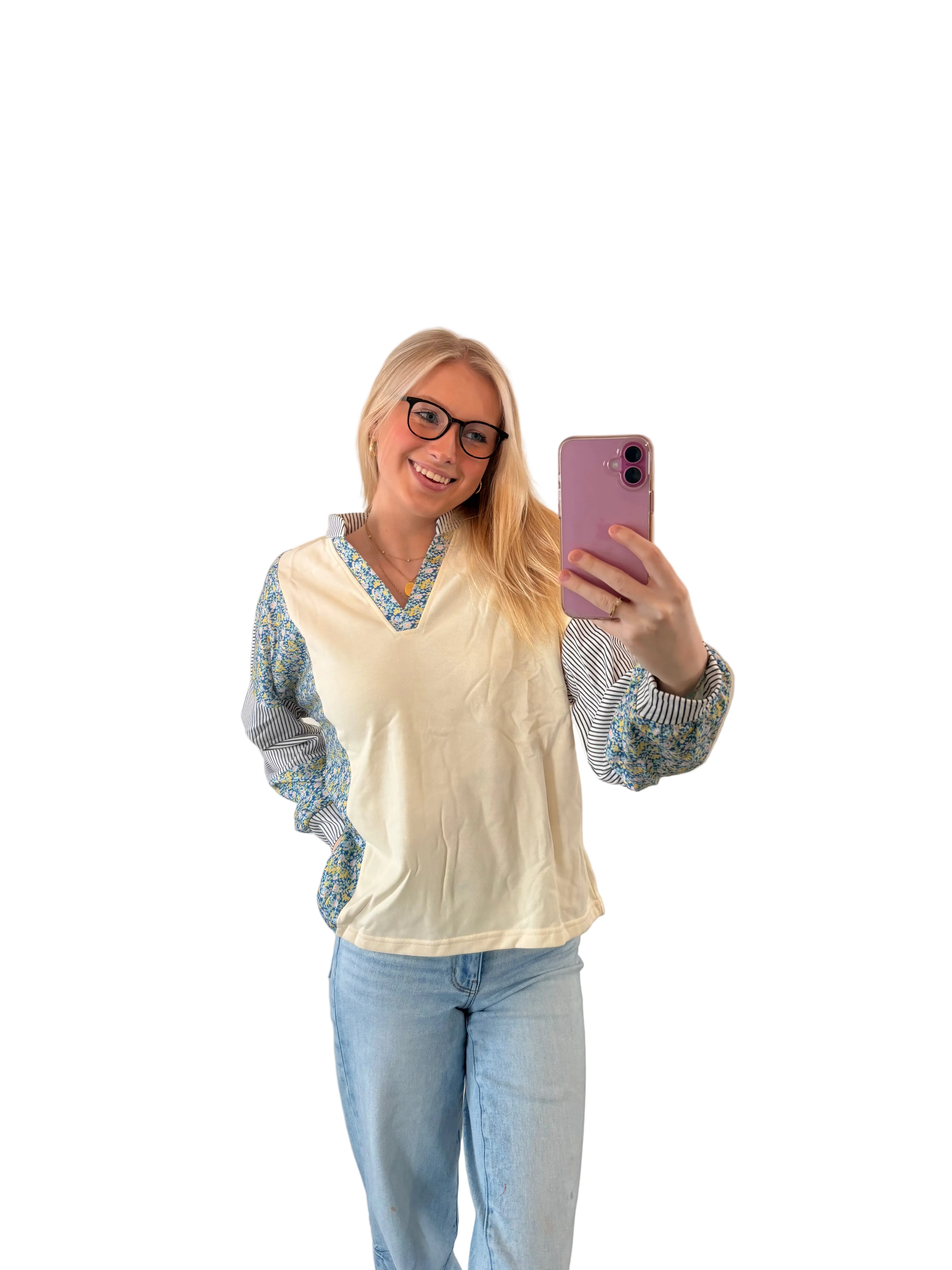 Beige Floral Striped Drop Sleeve Collared Boxy Fit Sweatshirt