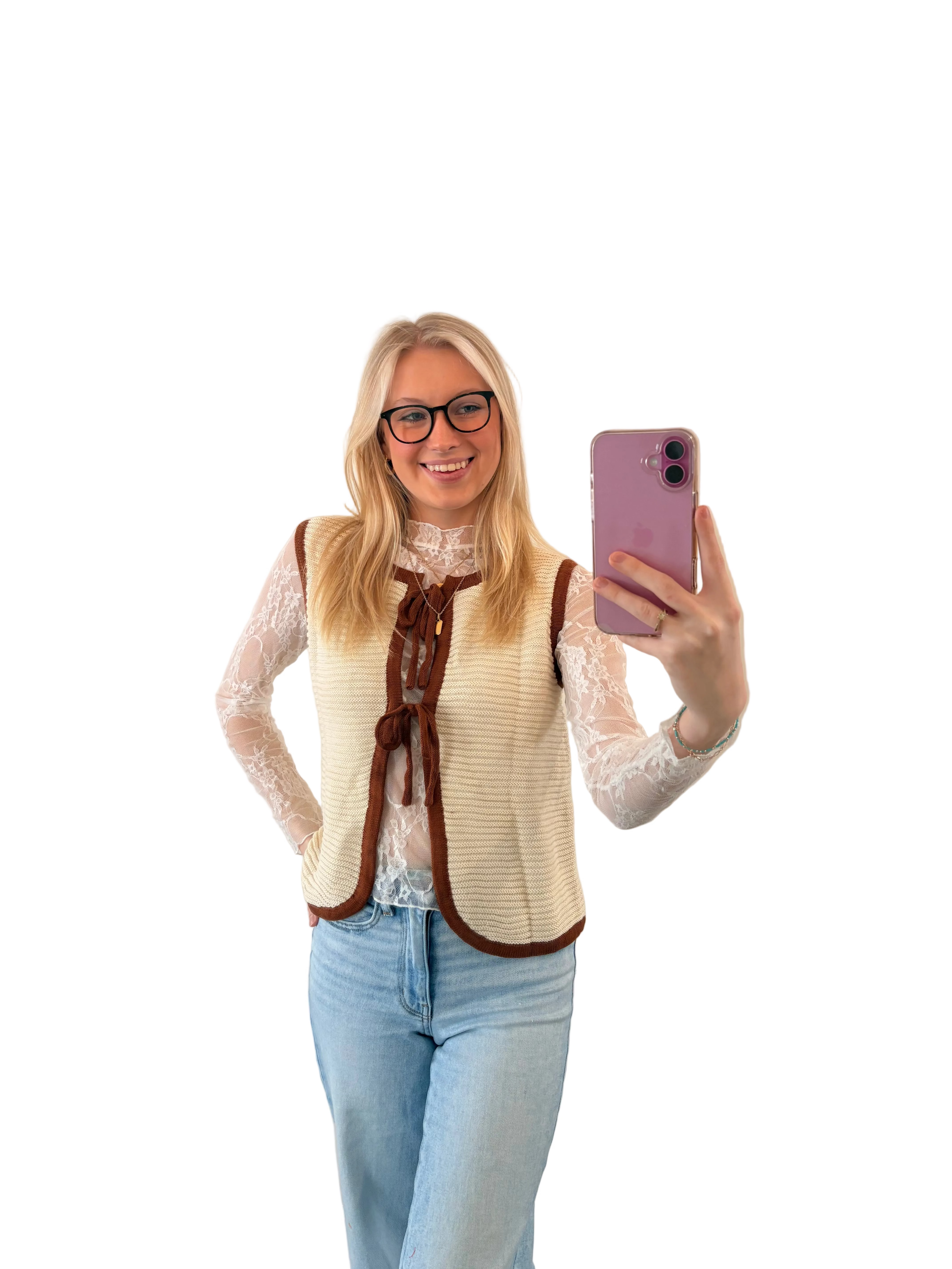 White Horizontal Ribbed Knit Contrast Trim Ties Front Sweater Vest