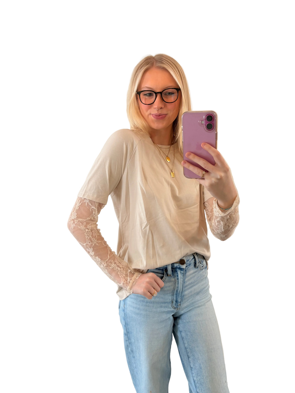 Jet Stream Solid Color Lace Patchwork Long Sleeve T Shirt