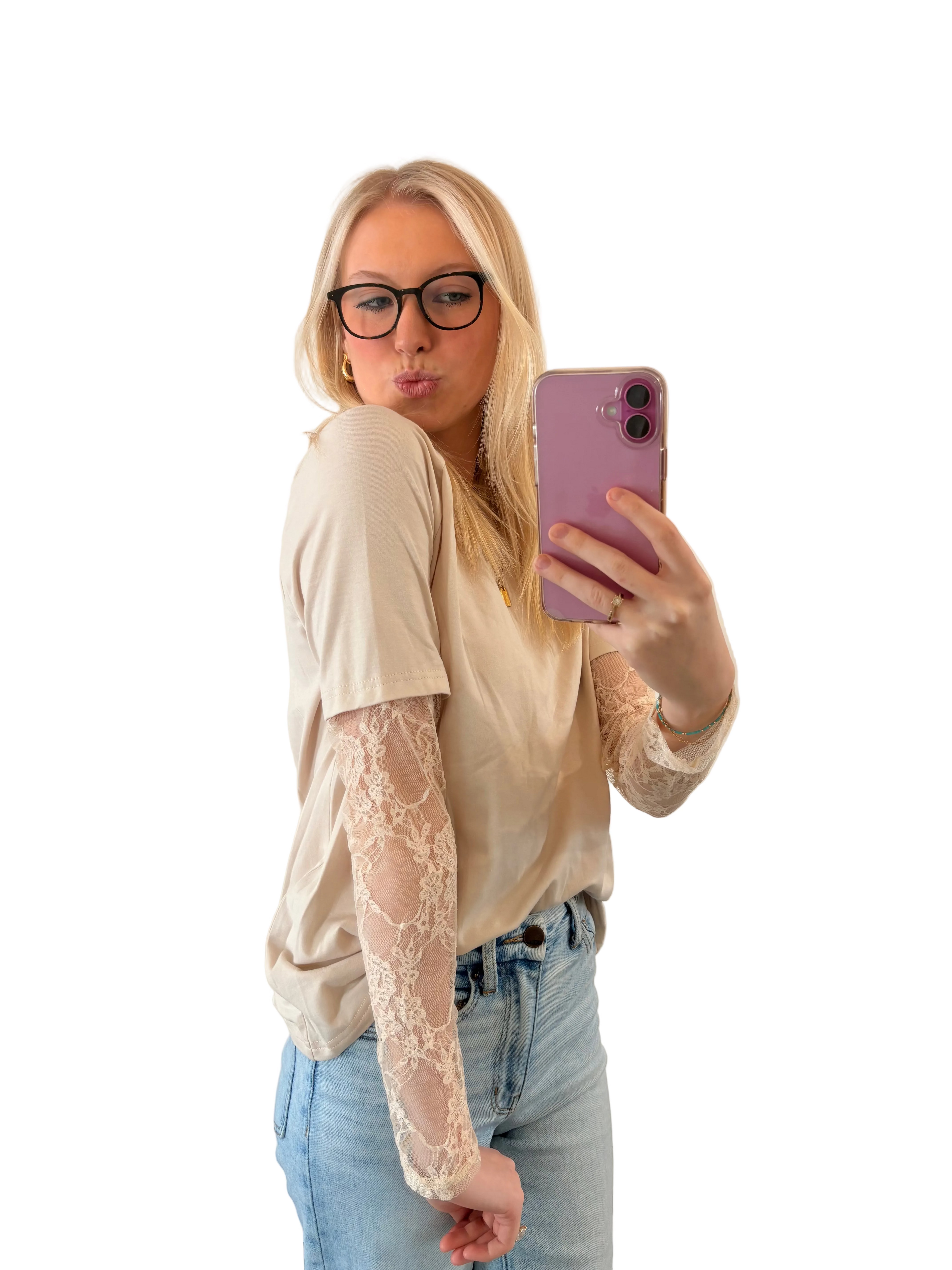 Jet Stream Solid Color Lace Patchwork Long Sleeve T Shirt