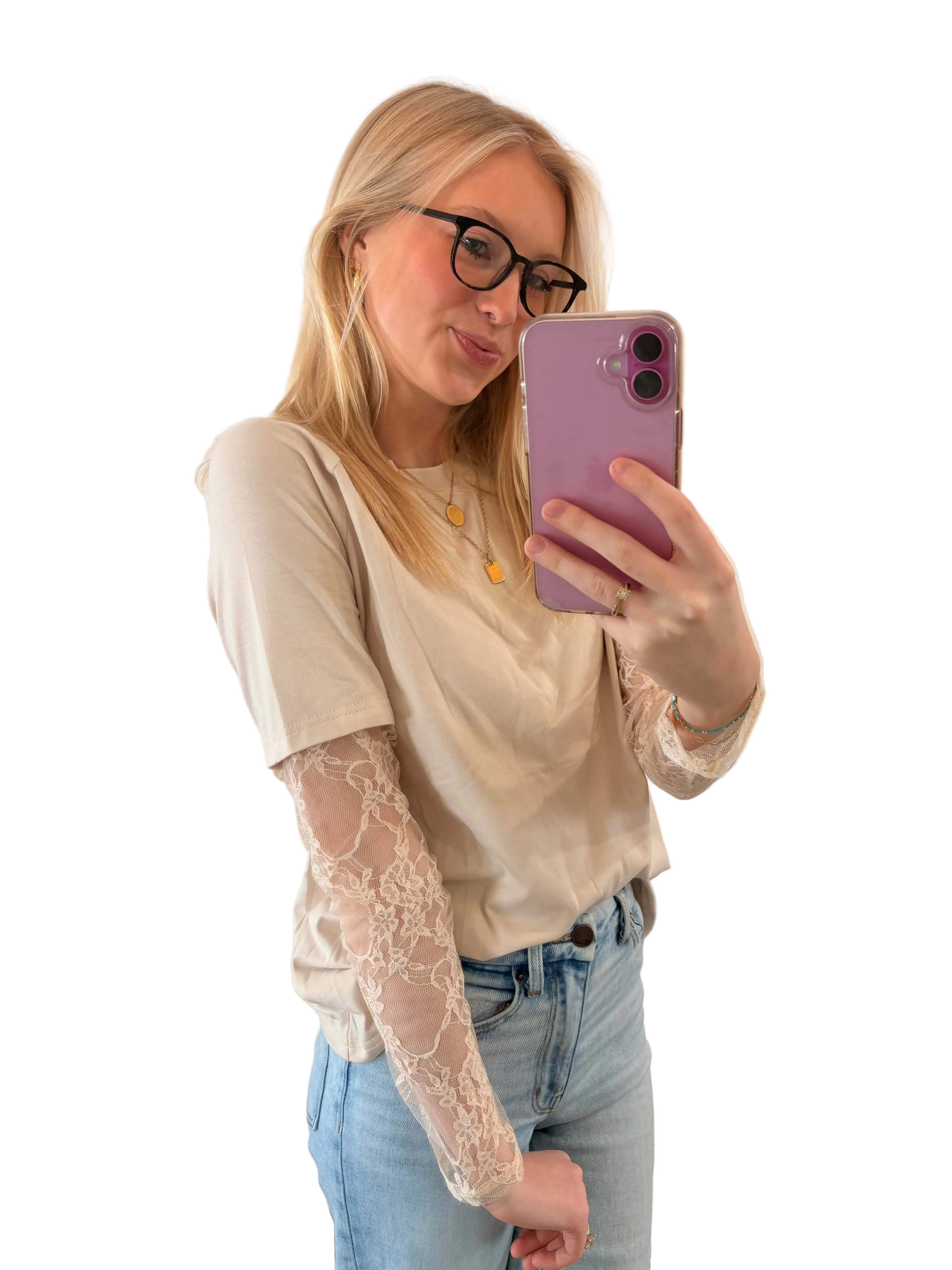 Jet Stream Solid Color Lace Patchwork Long Sleeve T Shirt