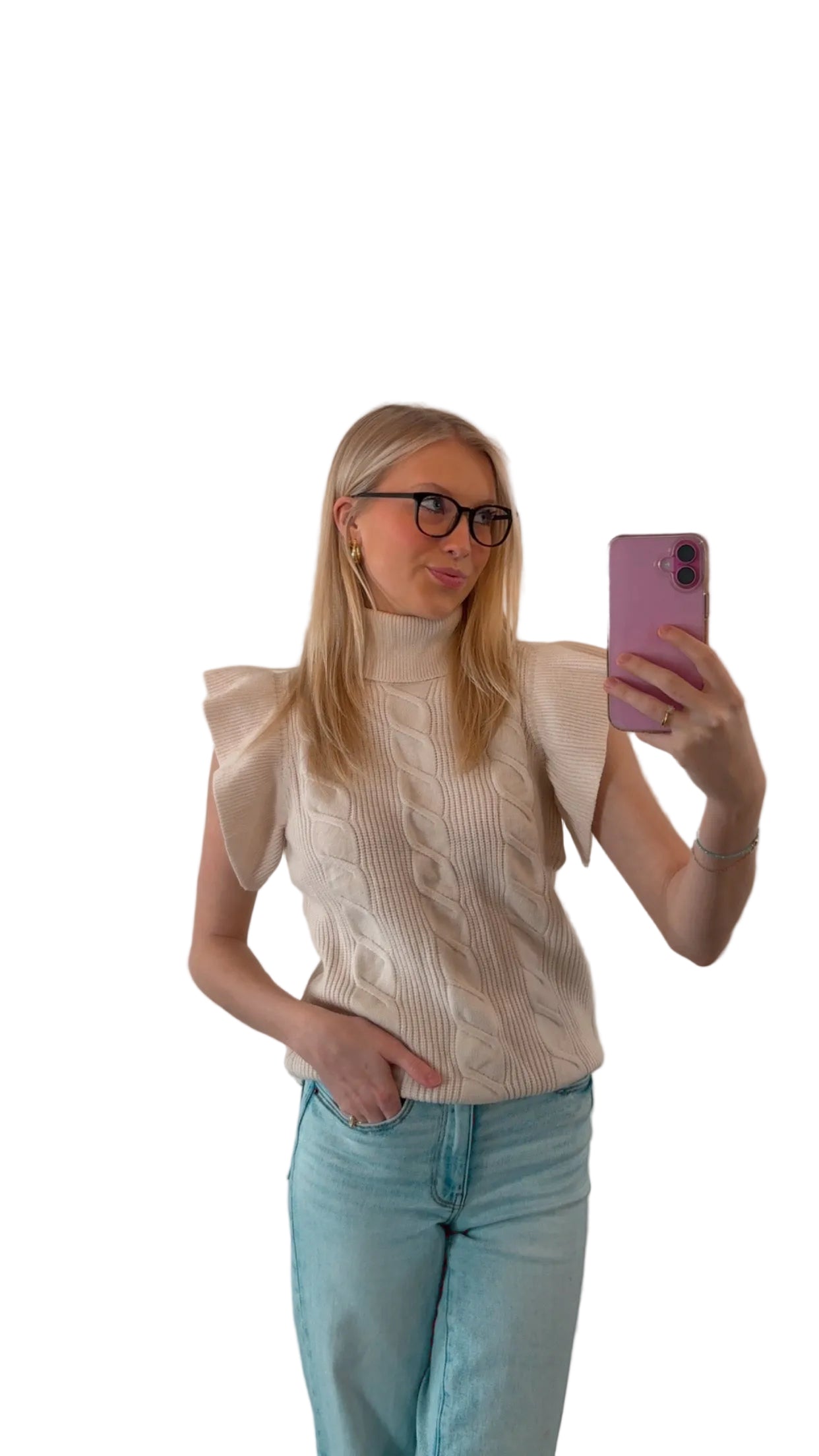 Jet Stream Cable Knit Turtleneck Ruffled Short Sleeve Sweater