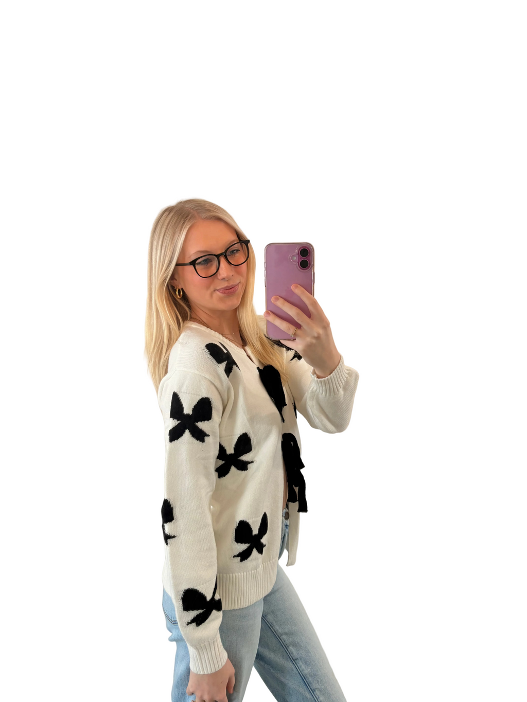 White Lace-up Bow Pattern Sweater Cardigan