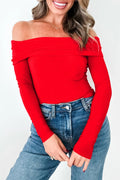 Fiery Red Foldover Off Shoulder Long Sleeve Slim Top