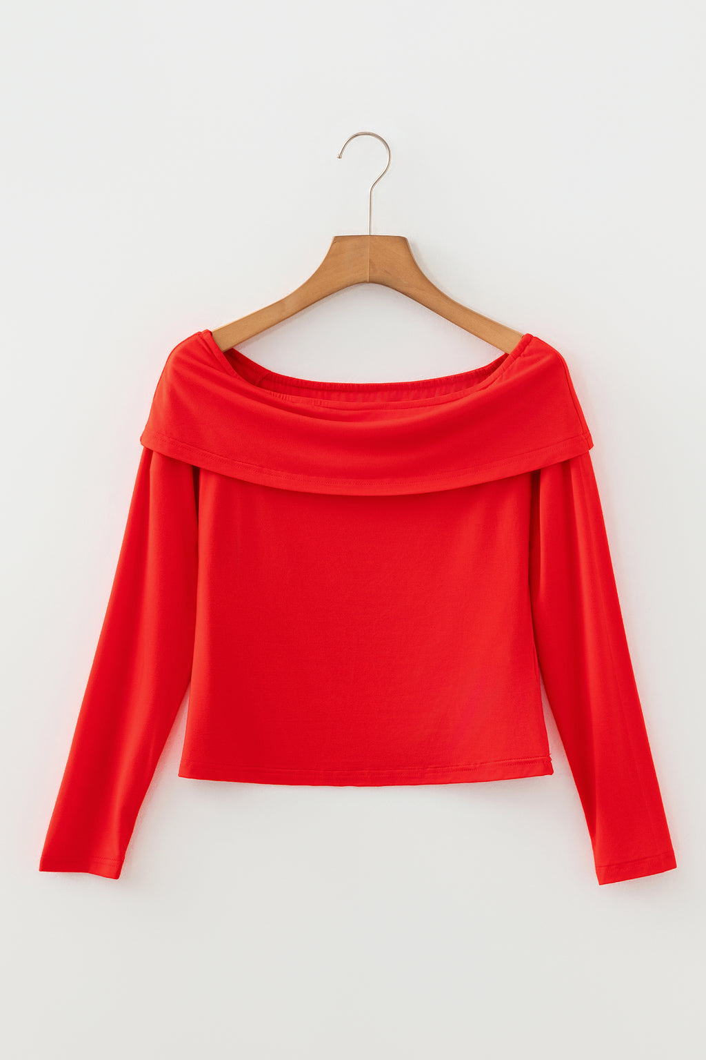 Fiery Red Foldover Off Shoulder Long Sleeve Slim Top