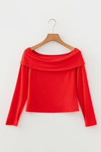 Fiery Red Foldover Off Shoulder Long Sleeve Slim Top