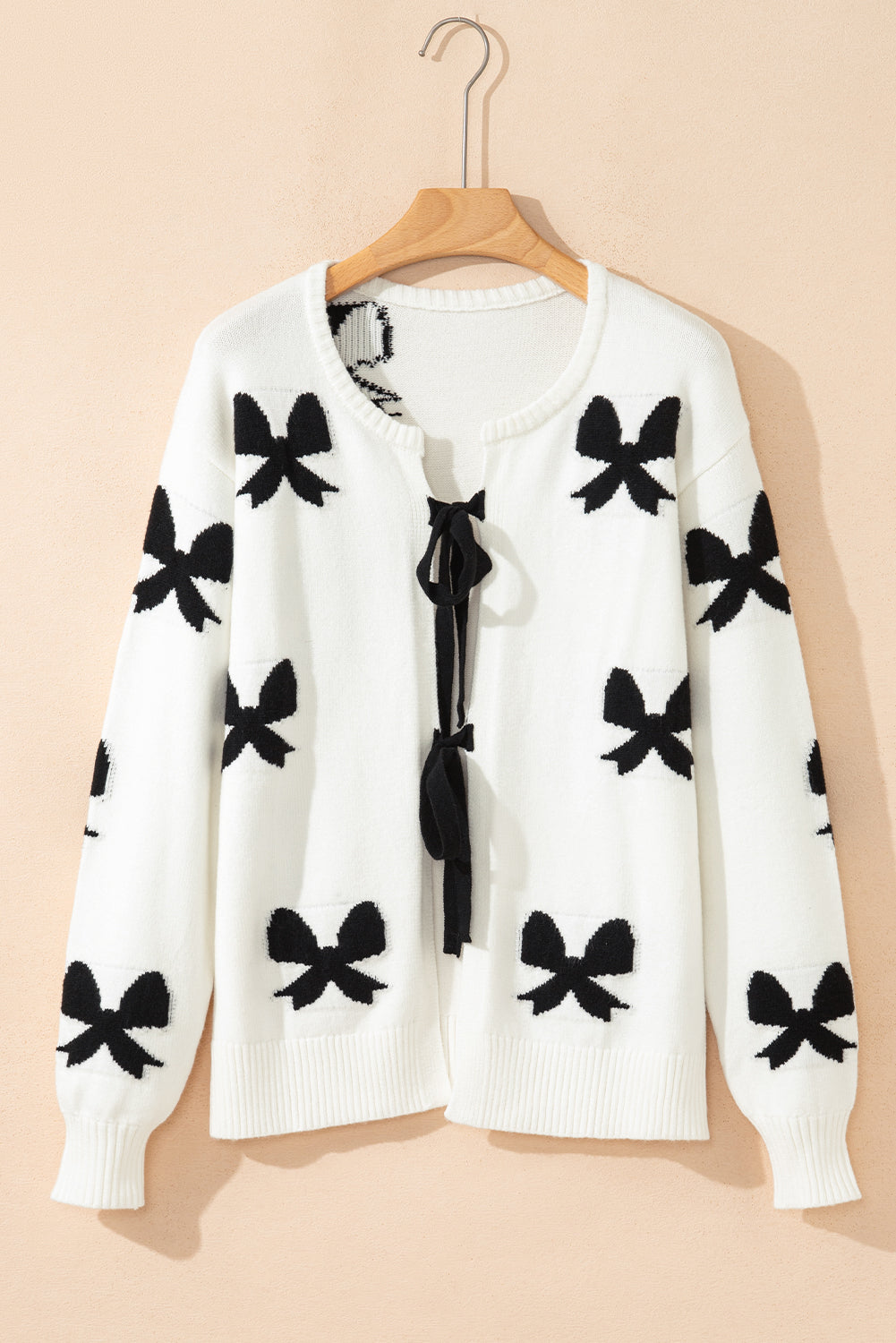 White Lace-up Bow Pattern Sweater Cardigan