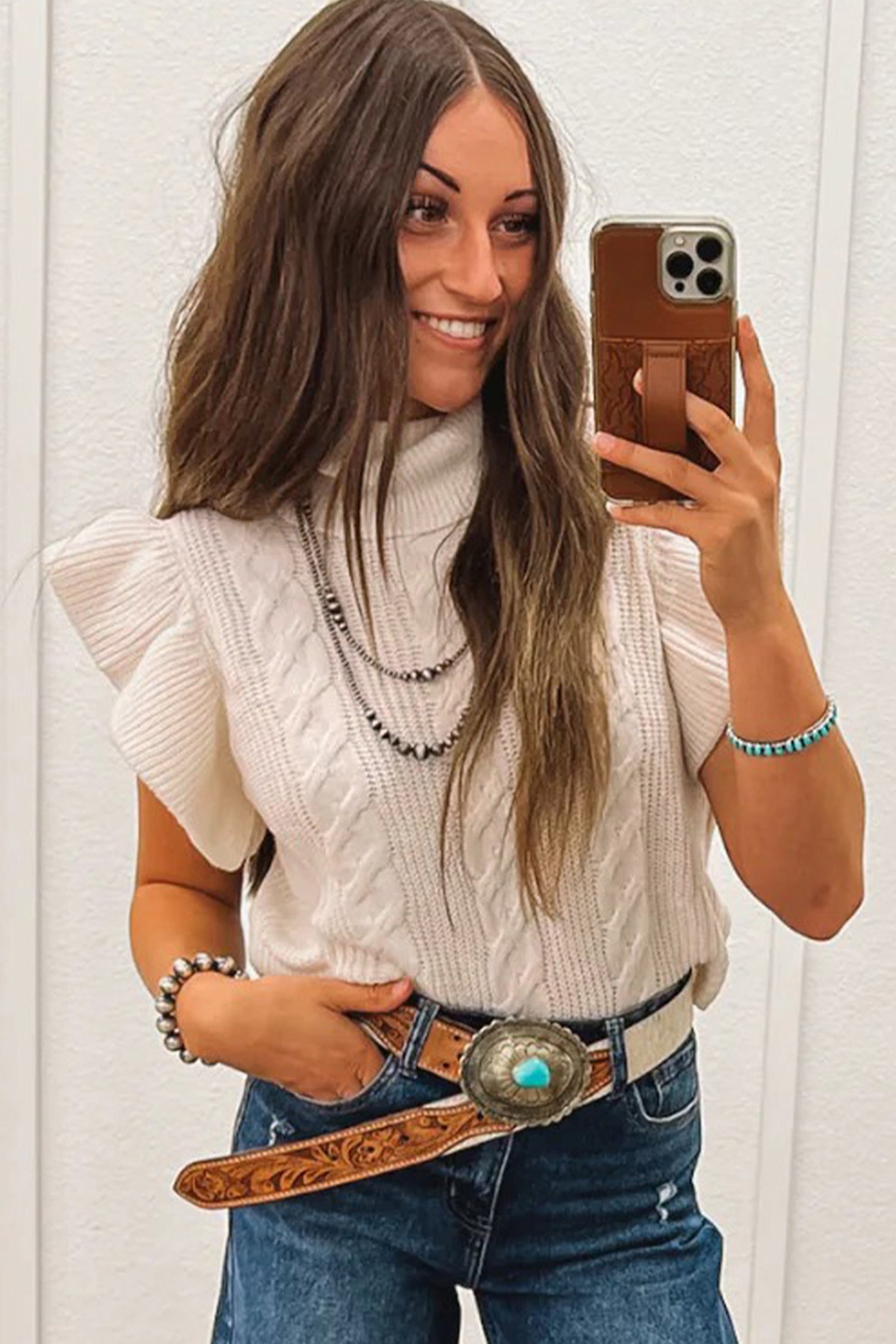 Jet Stream Cable Knit Turtleneck Ruffled Short Sleeve Sweater